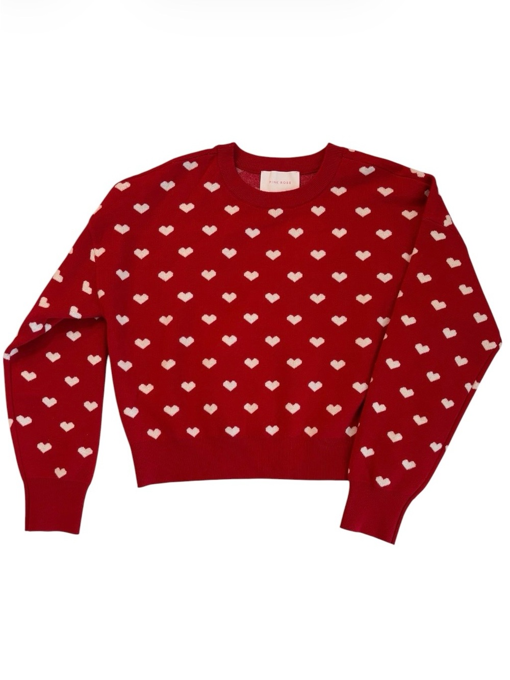Super Soft Pink Rose Red Crewneck Sweater with White Heart Pattern